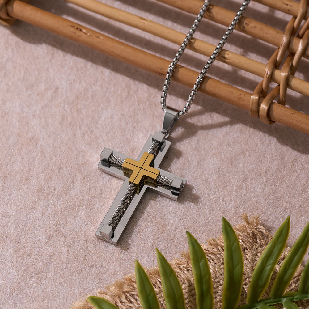 Three-Color Dual-Layer Twisted Steel Core Cross Necklace