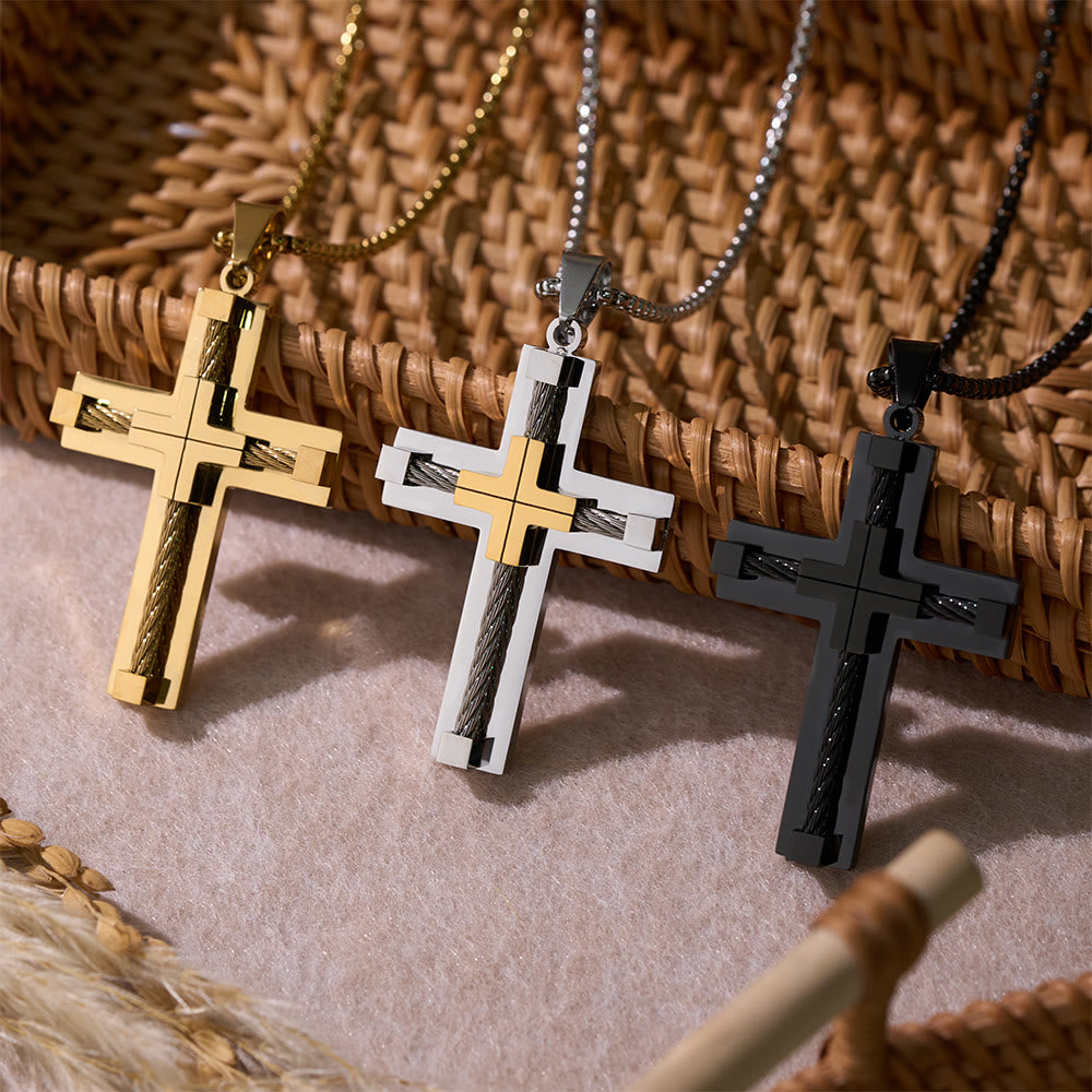 Three-Color Dual-Layer Twisted Steel Core Cross Necklace