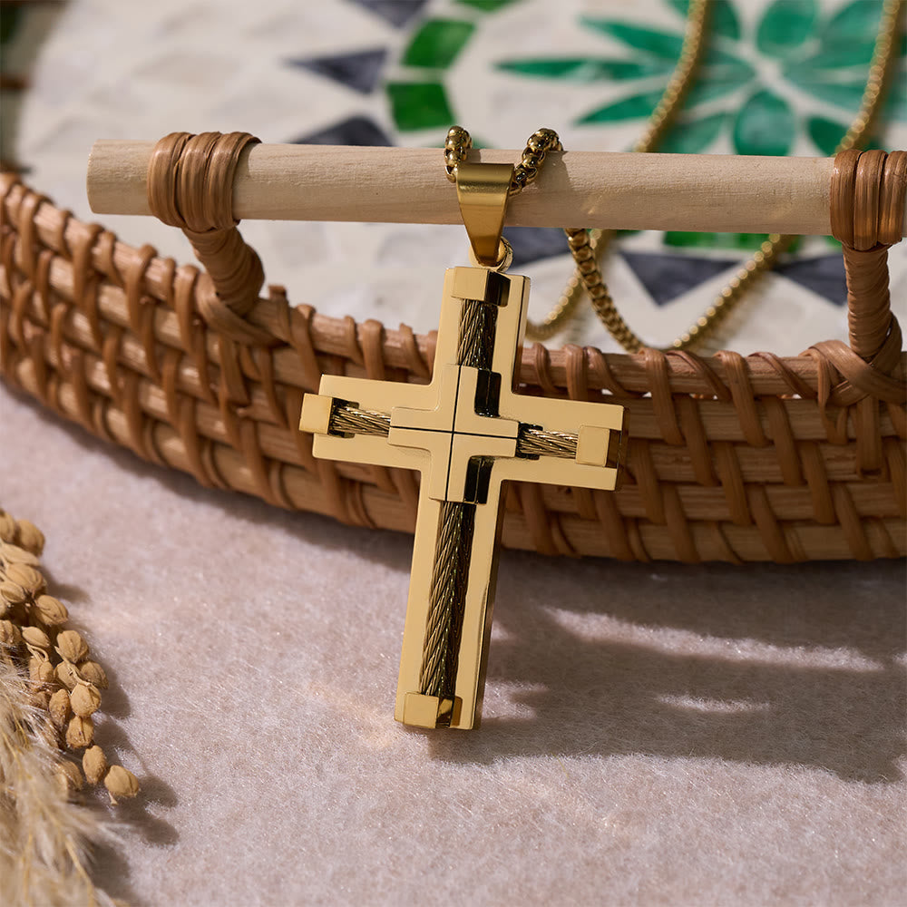 Three-Color Dual-Layer Twisted Steel Core Cross Necklace