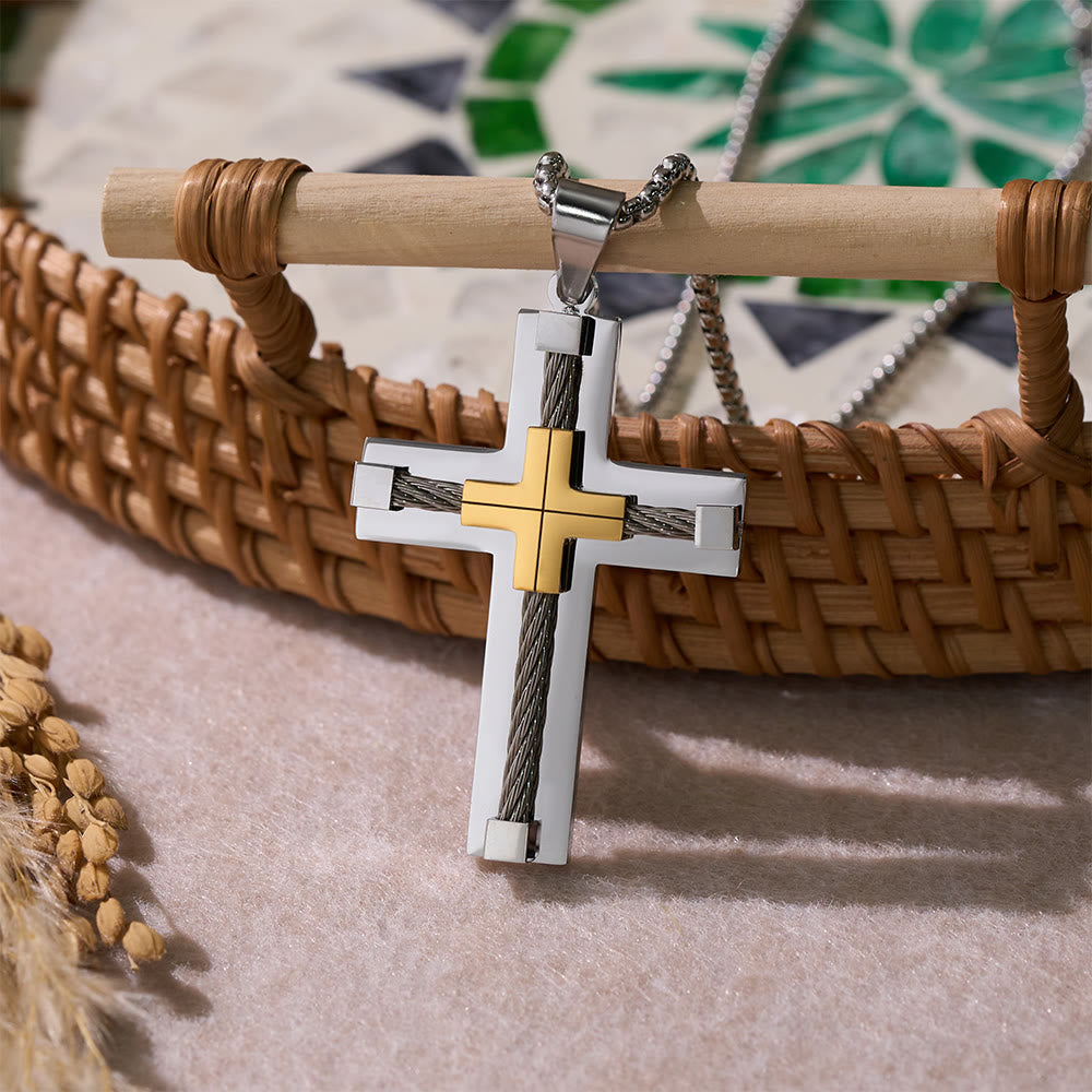 Three-Color Dual-Layer Twisted Steel Core Cross Necklace