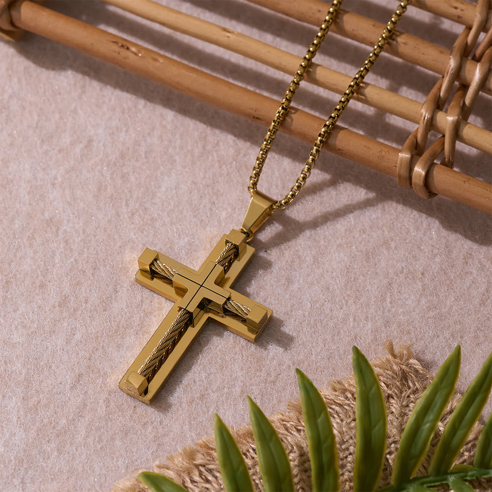 Three-Color Dual-Layer Twisted Steel Core Cross Necklace