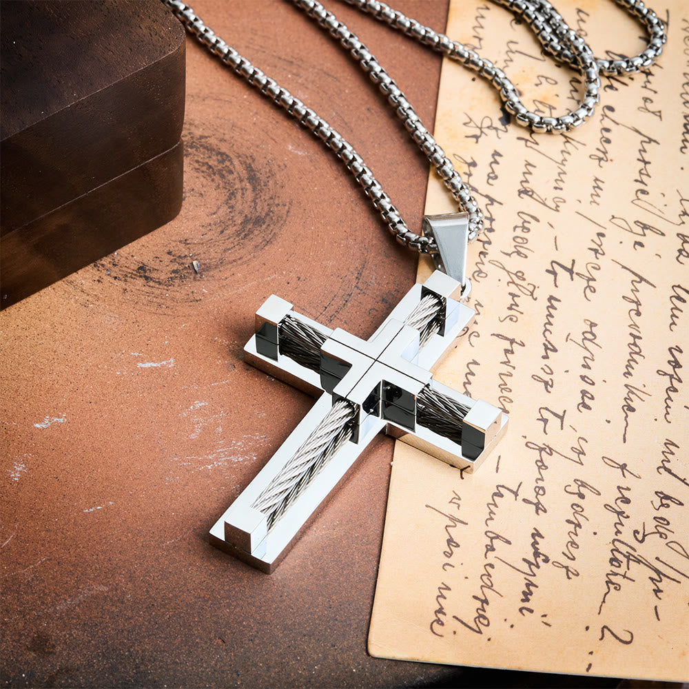Three-Color Dual-Layer Twisted Steel Core Cross Necklace