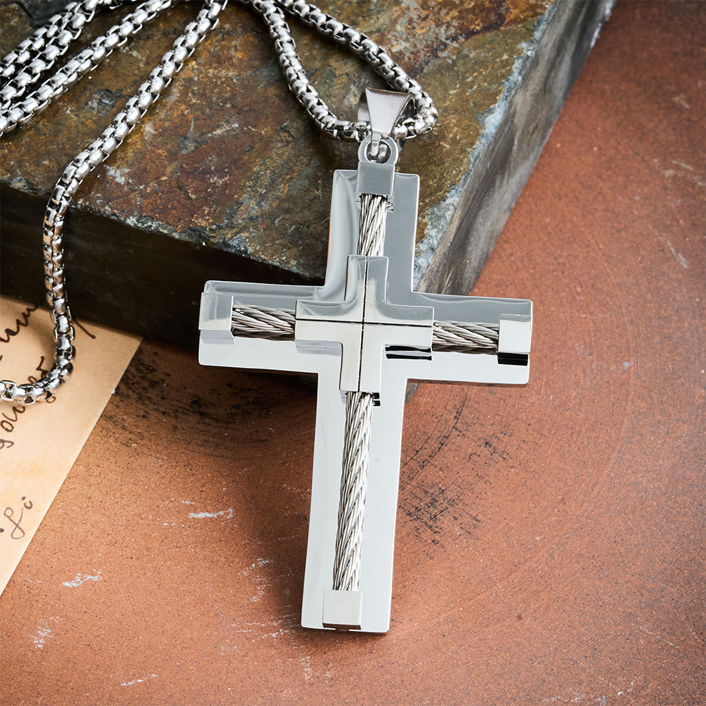 Three-Color Dual-Layer Twisted Steel Core Cross Necklace