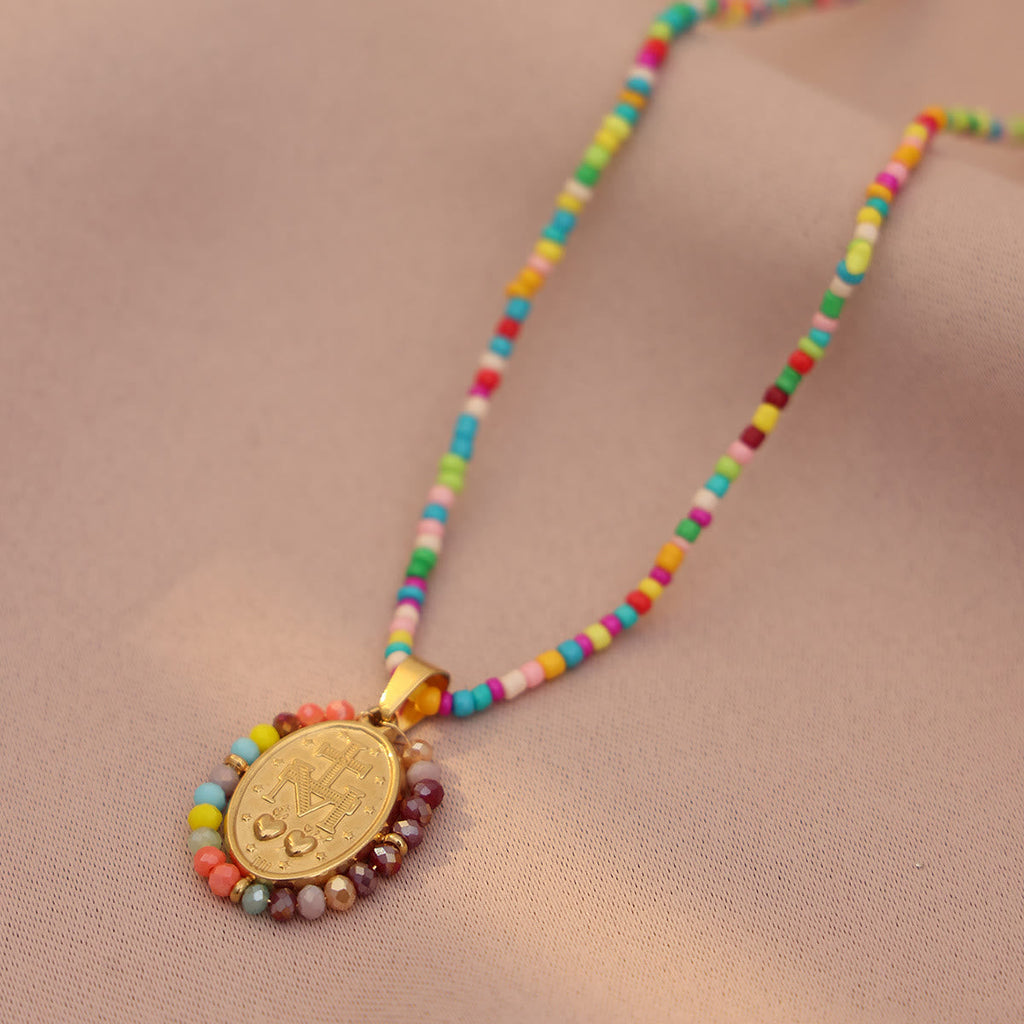 Beaded Border Our Lady Medal Necklace