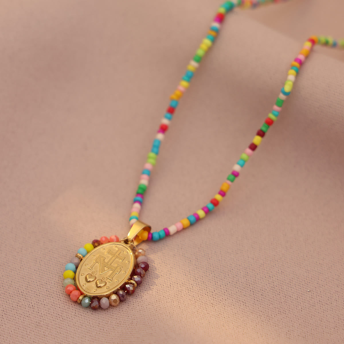 Beaded Border Our Lady Medal Necklace
