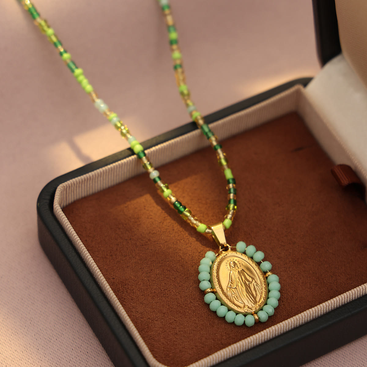 Beaded Border Our Lady Medal Necklace