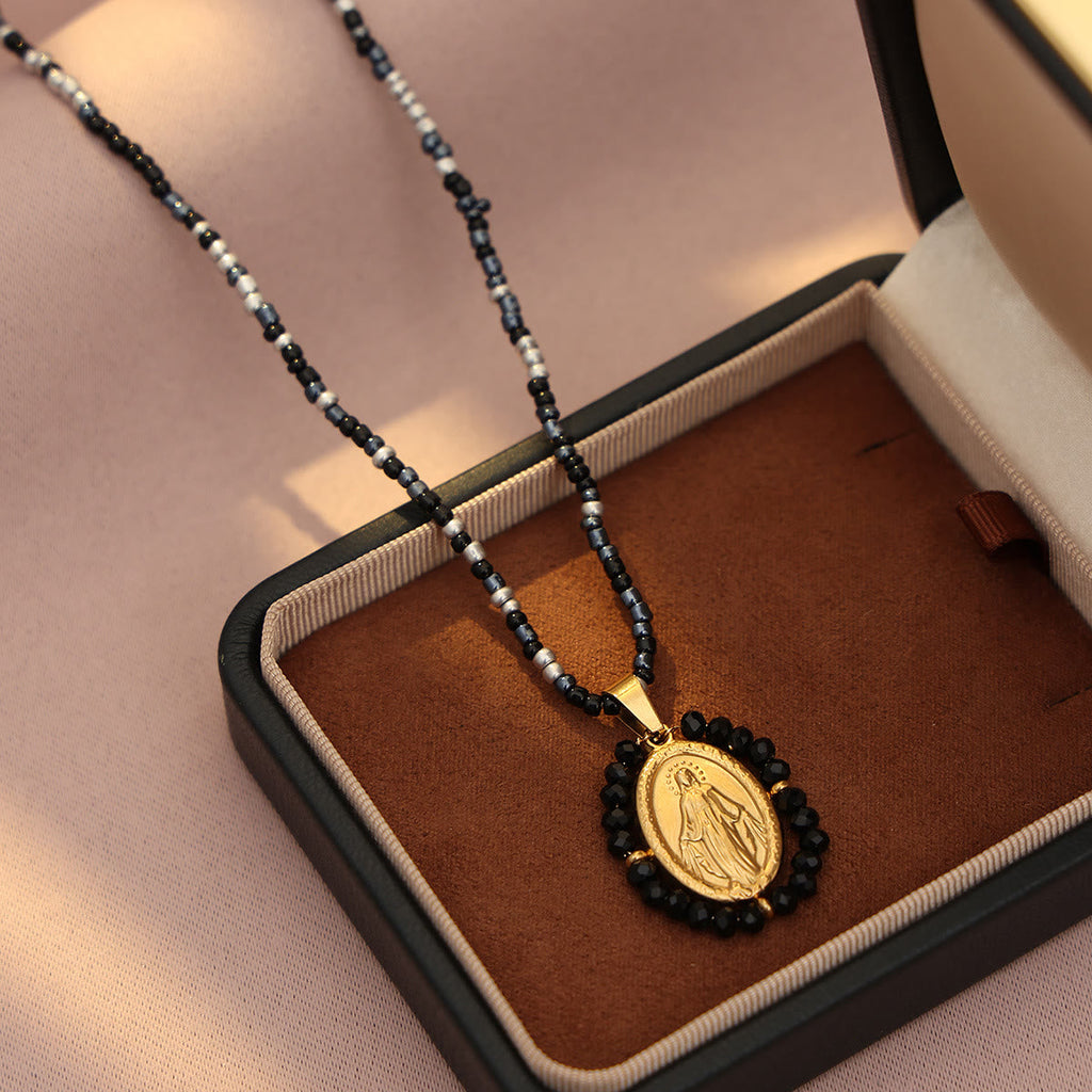 Beaded Border Our Lady Medal Necklace