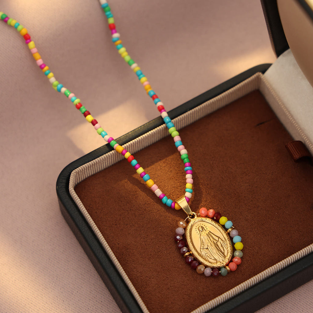 Beaded Border Our Lady Medal Necklace