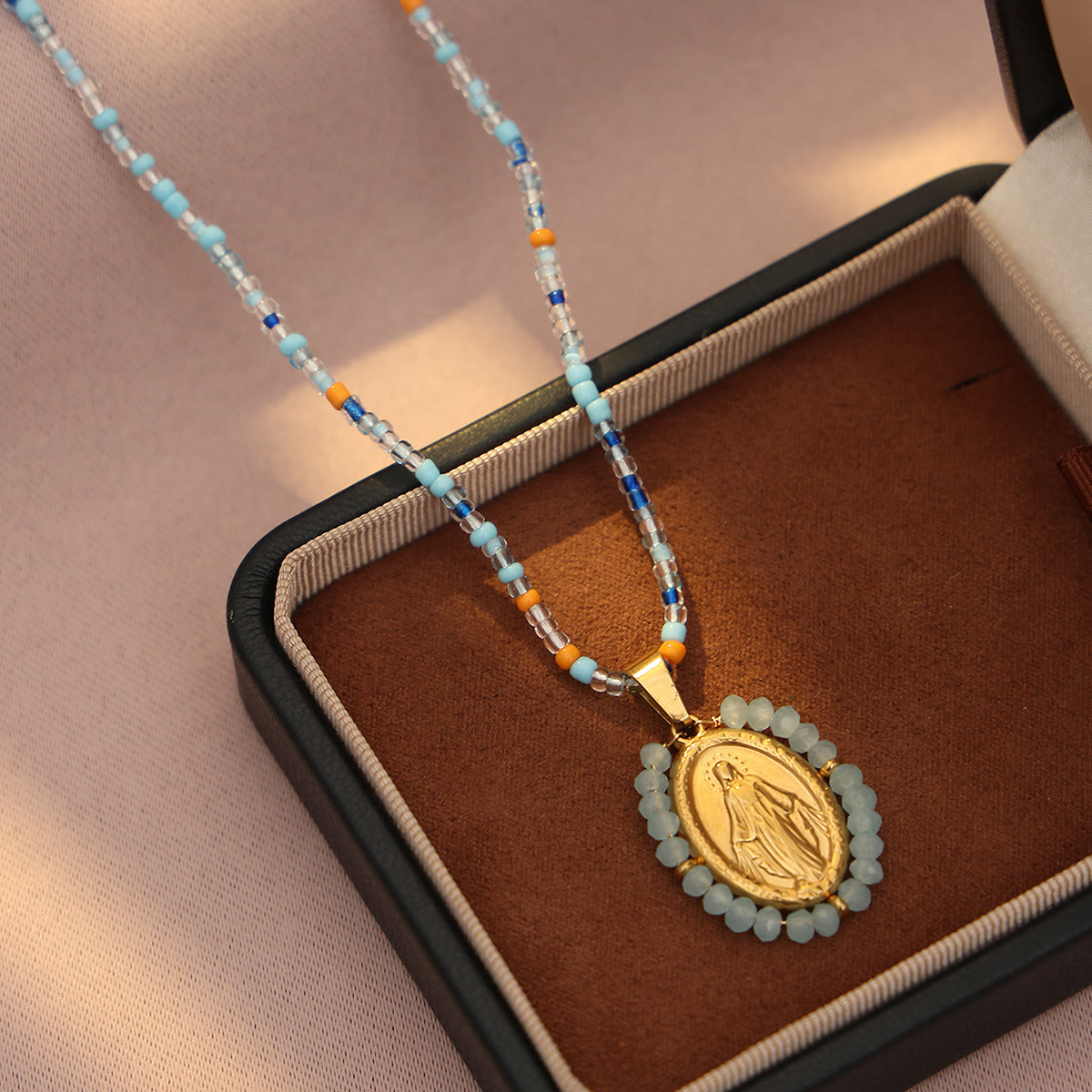 Beaded Border Our Lady Medal Necklace