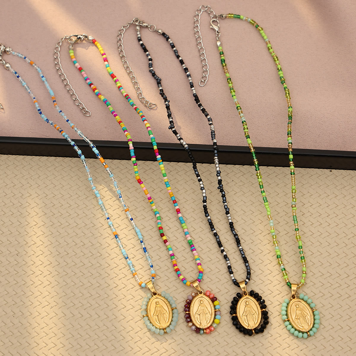 Beaded Border Our Lady Medal Necklace