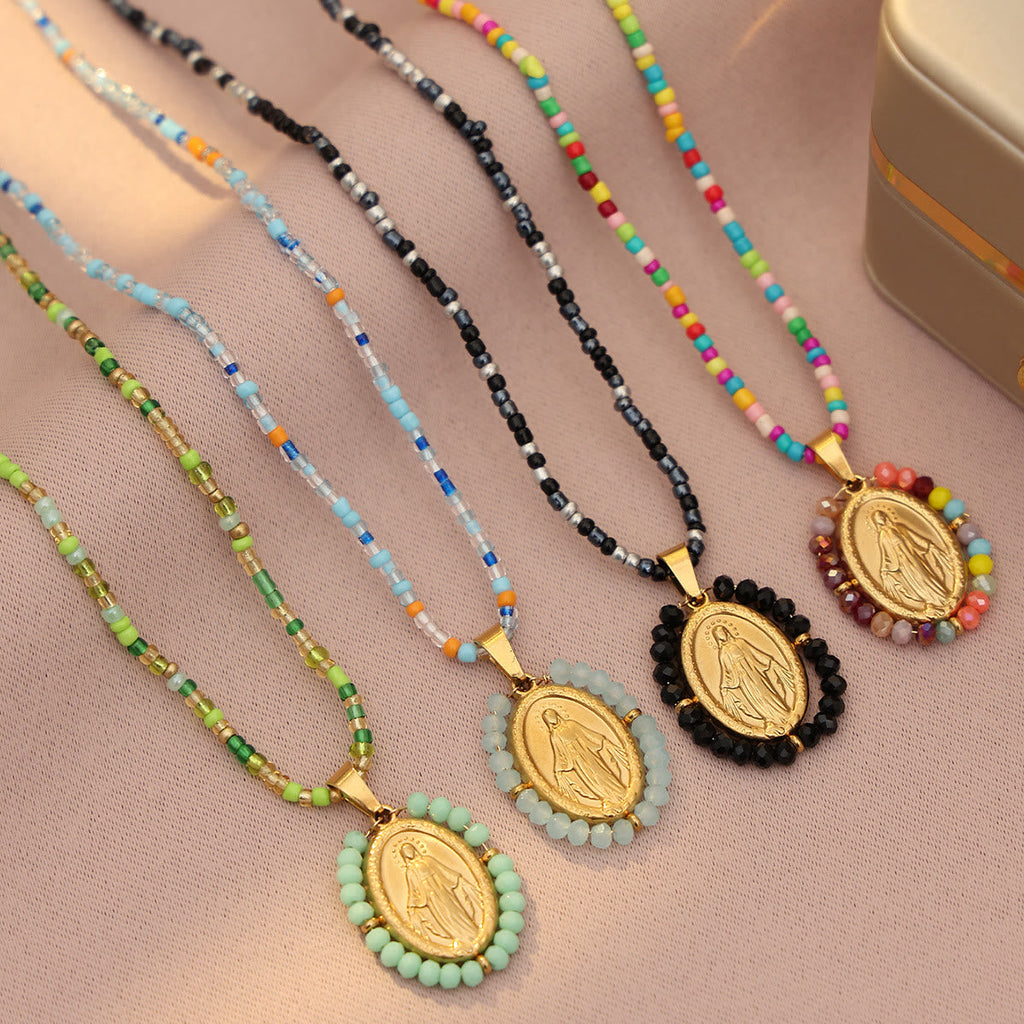 Beaded Border Our Lady Medal Necklace