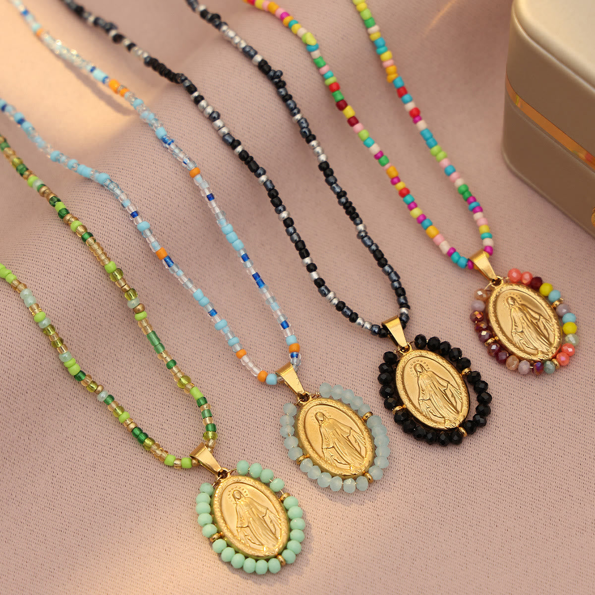 Beaded Border Our Lady Medal Necklace
