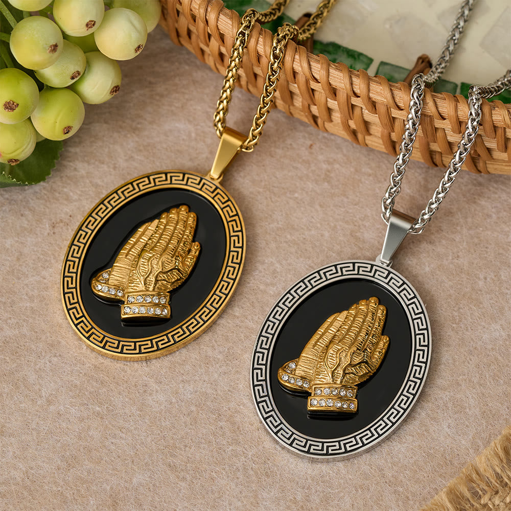 Oval Praying Hands CZ Statement Necklace
