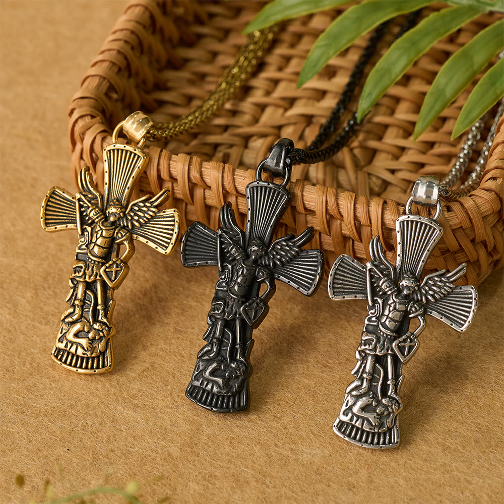 St. Michael Archangel Defeating Satan Cross Pendant