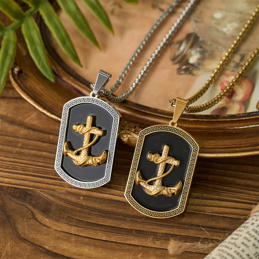 Anchor Cross Greek Key Dog Tag Pendant Necklace