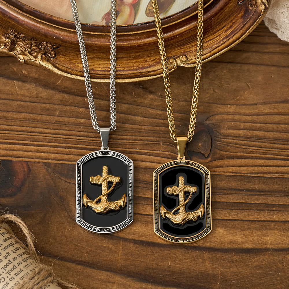 Anchor Cross Greek Key Dog Tag Pendant Necklace