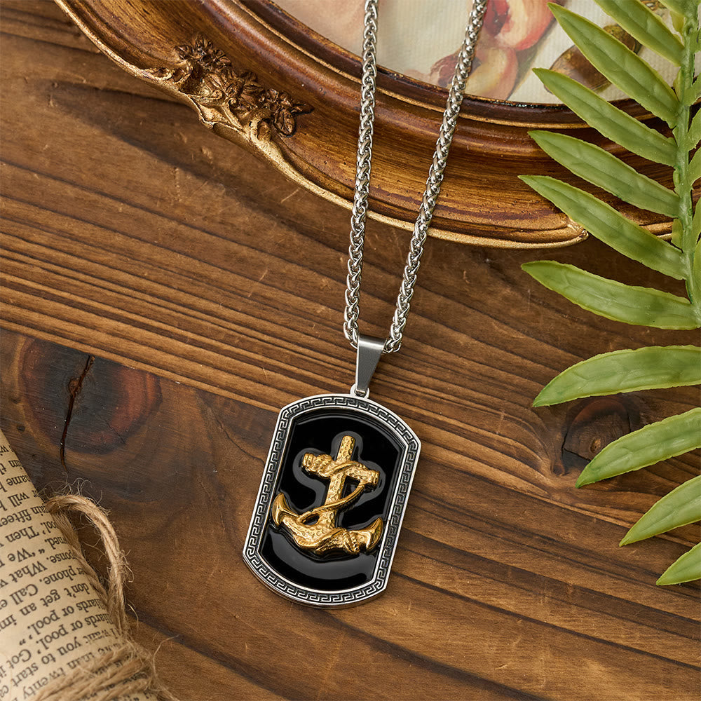 Anchor Cross Greek Key Dog Tag Pendant Necklace