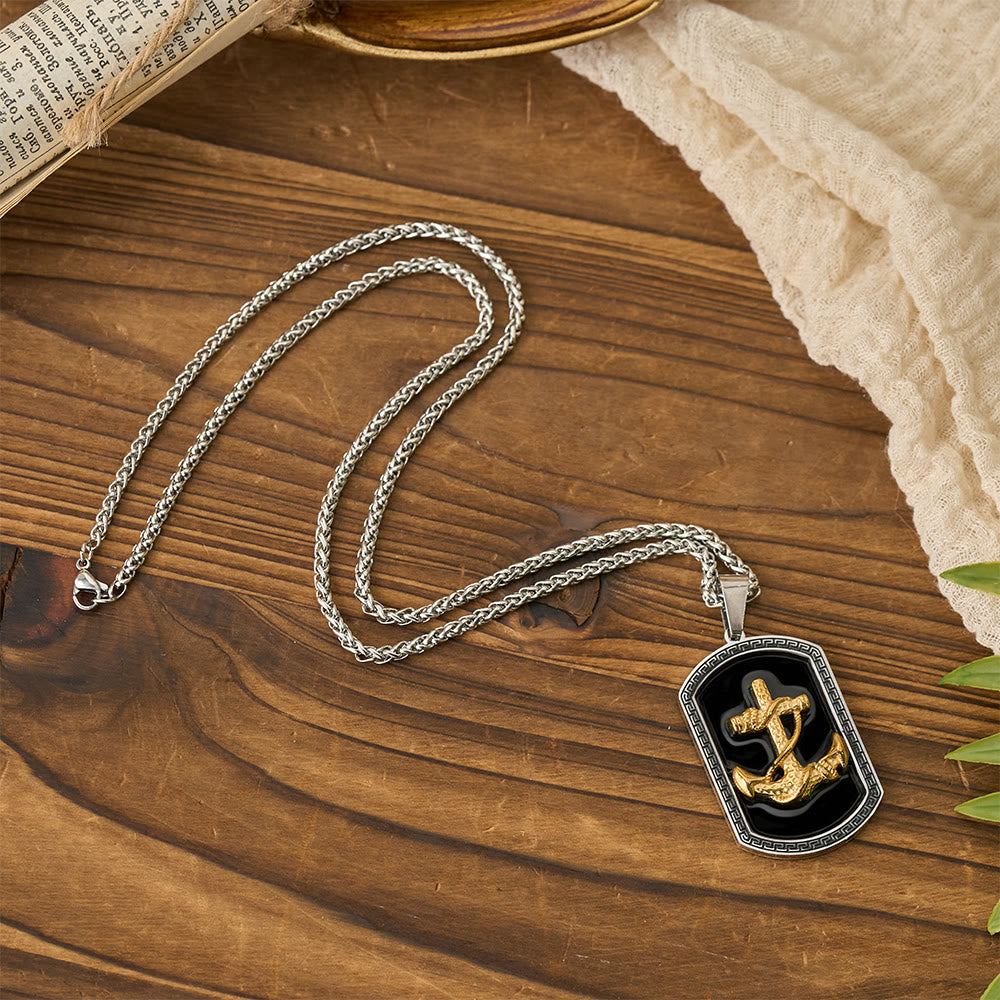 Anchor Cross Greek Key Dog Tag Pendant Necklace