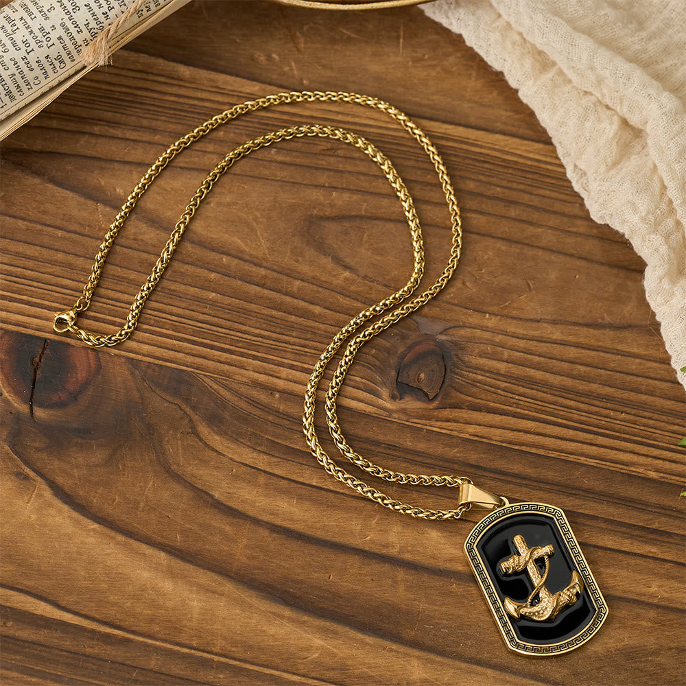 Anchor Cross Greek Key Dog Tag Pendant Necklace