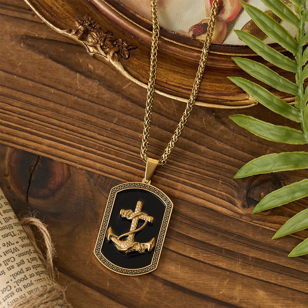 Anchor Cross Greek Key Dog Tag Pendant Necklace