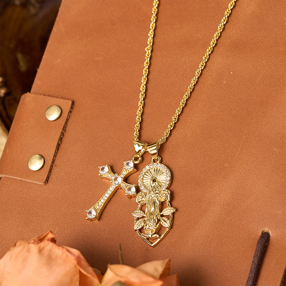 Ornate Our Lady & Winged Cross Faith Necklace Set