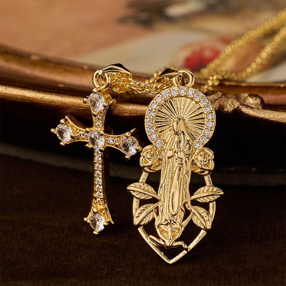Ornate Our Lady & Winged Cross Faith Necklace Set