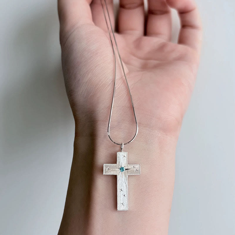 Star-Engraved CZ Cross Pendant Necklace