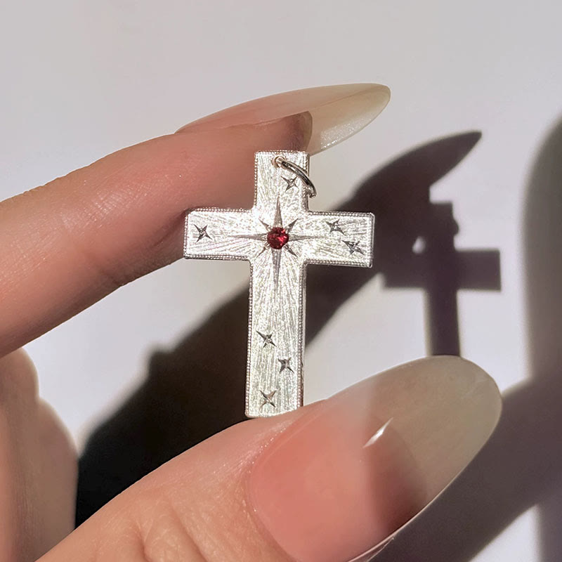 Star-Engraved CZ Cross Pendant Necklace