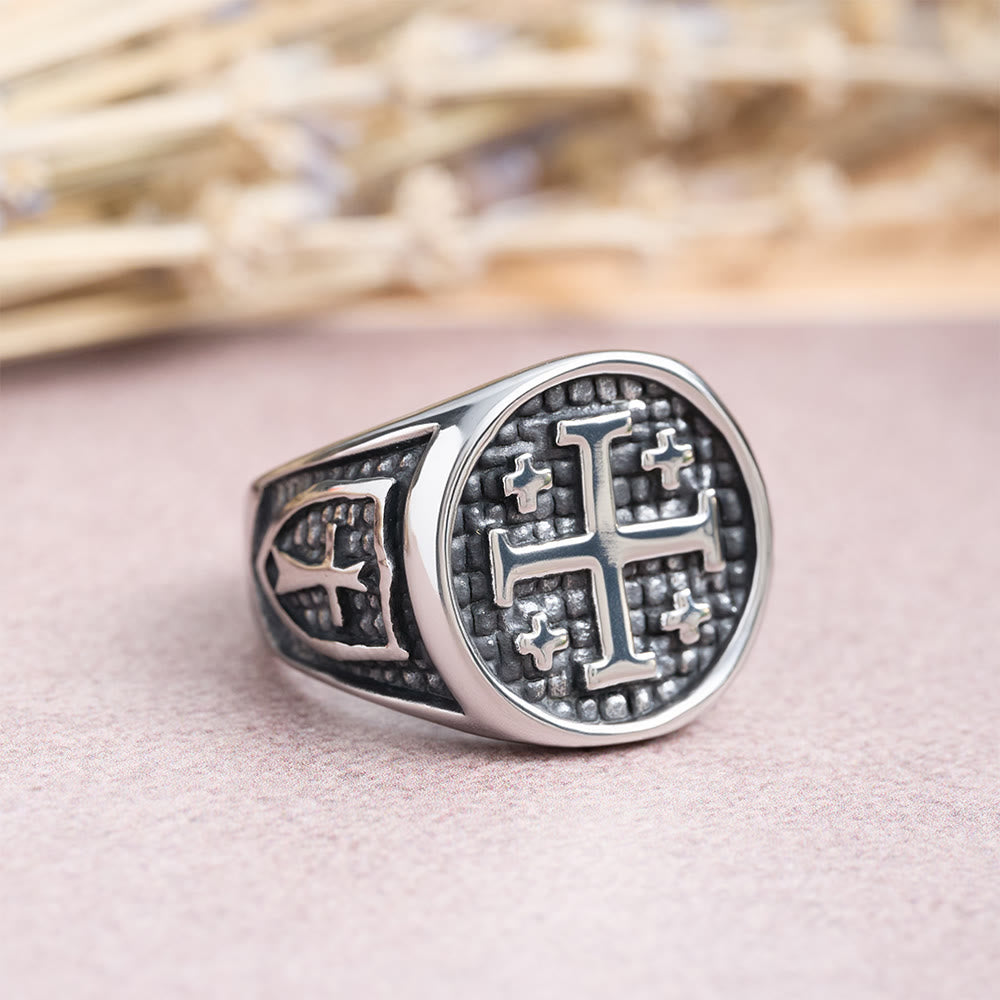 Jerusalem Cross Round & Square Signet Ring