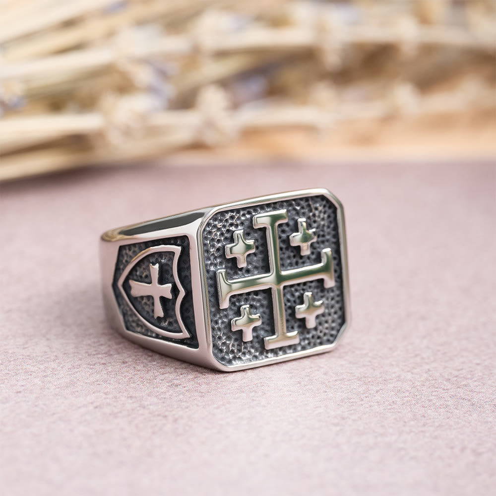 Jerusalem Cross Round & Square Signet Ring