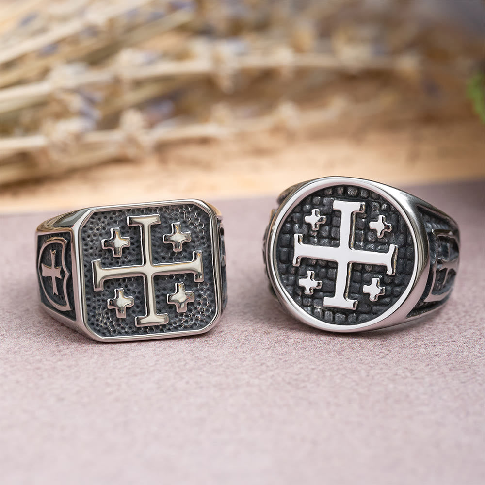 Jerusalem Cross Round & Square Signet Ring