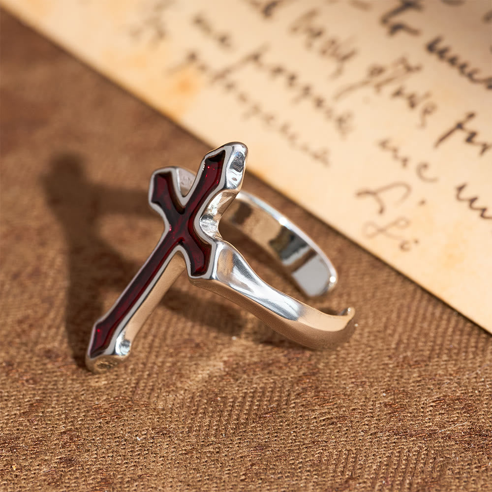 Four-Color Enamel Cross Open Ring