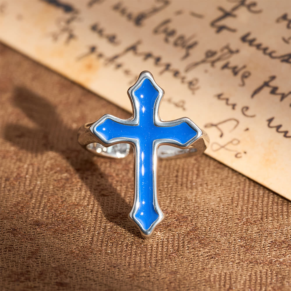 Four-Color Enamel Cross Open Ring