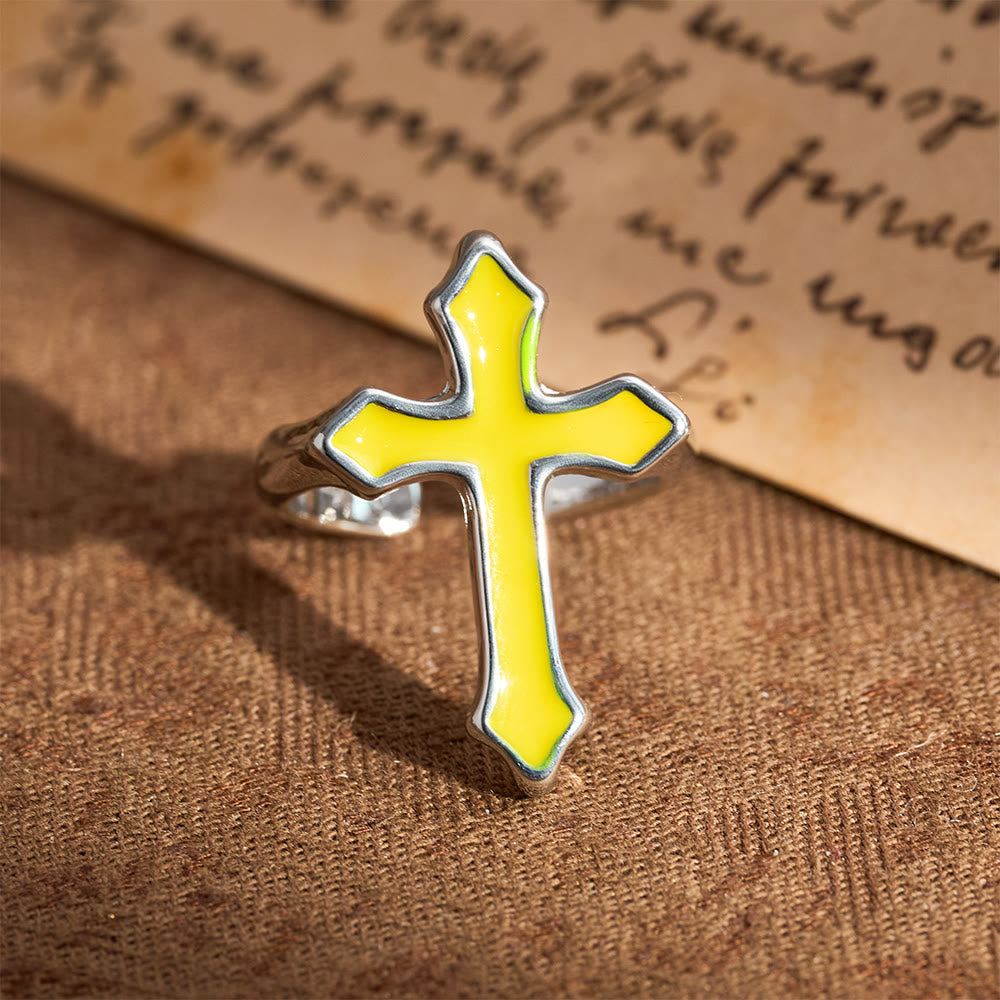 Four-Color Enamel Cross Open Ring