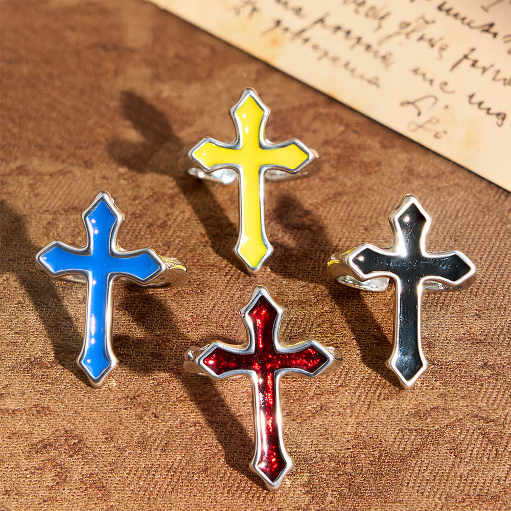 Four-Color Enamel Cross Open Ring