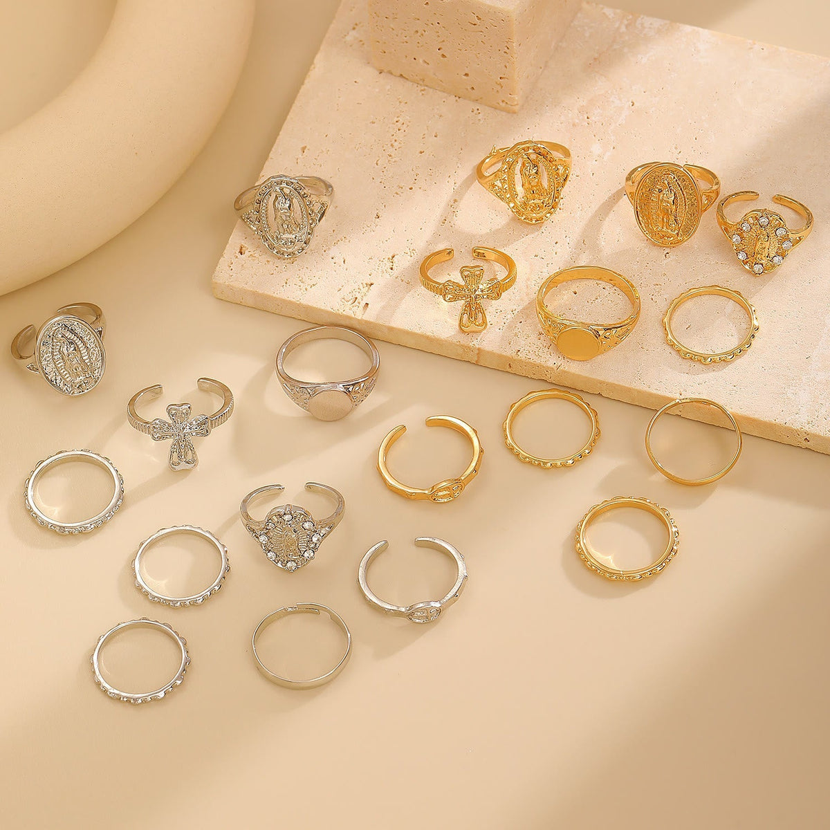 Golden & Silver Marian Cross Ring Set