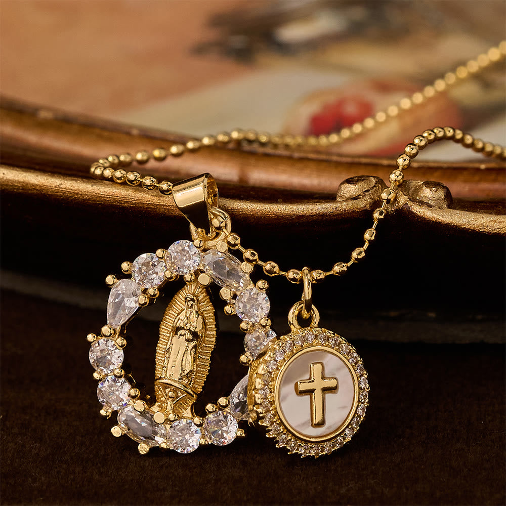 Classic Our Lady & Cross CZ Pendant Set