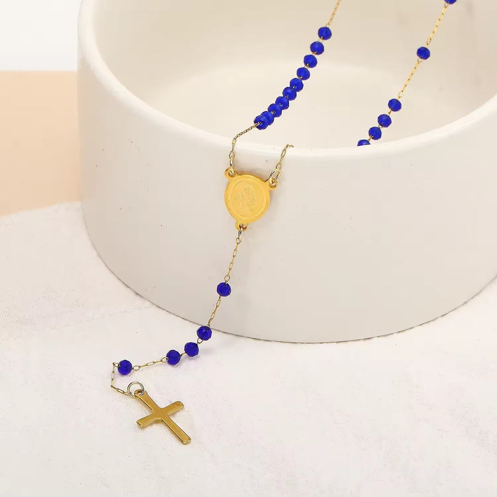 Virgin Mary Medal & Cross Pendant Glass Beads Necklace