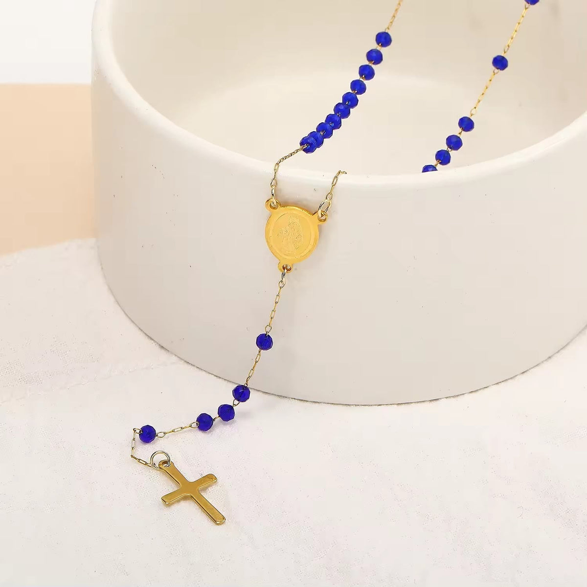 Virgin Mary Medal & Cross Pendant Glass Beads Necklace