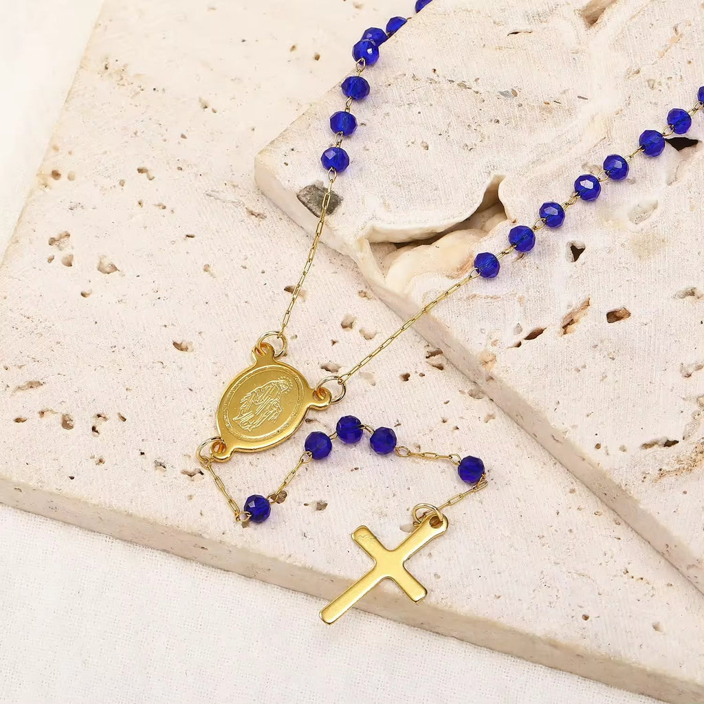 Virgin Mary Medal & Cross Pendant Glass Beads Necklace