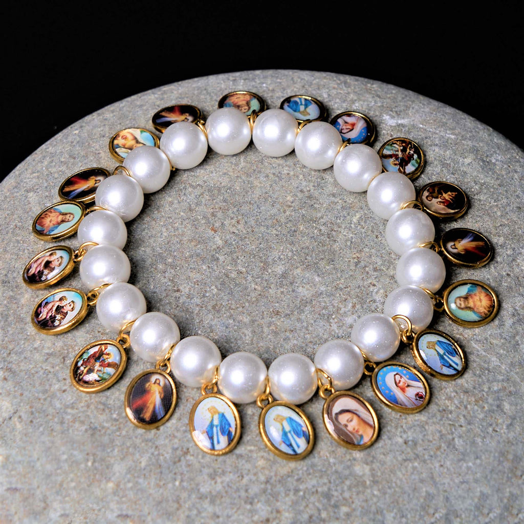 Retro Style Saint Jesus Mary Medals Cross Pearl Bracelet
