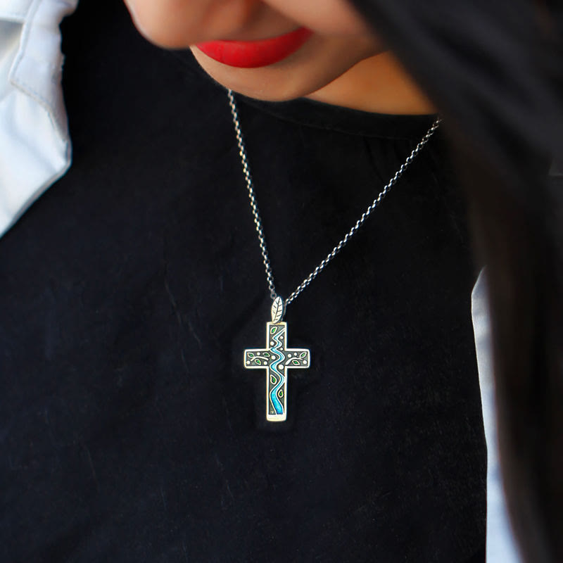Fresh Style Creekside Tree Enamel Cross Necklace