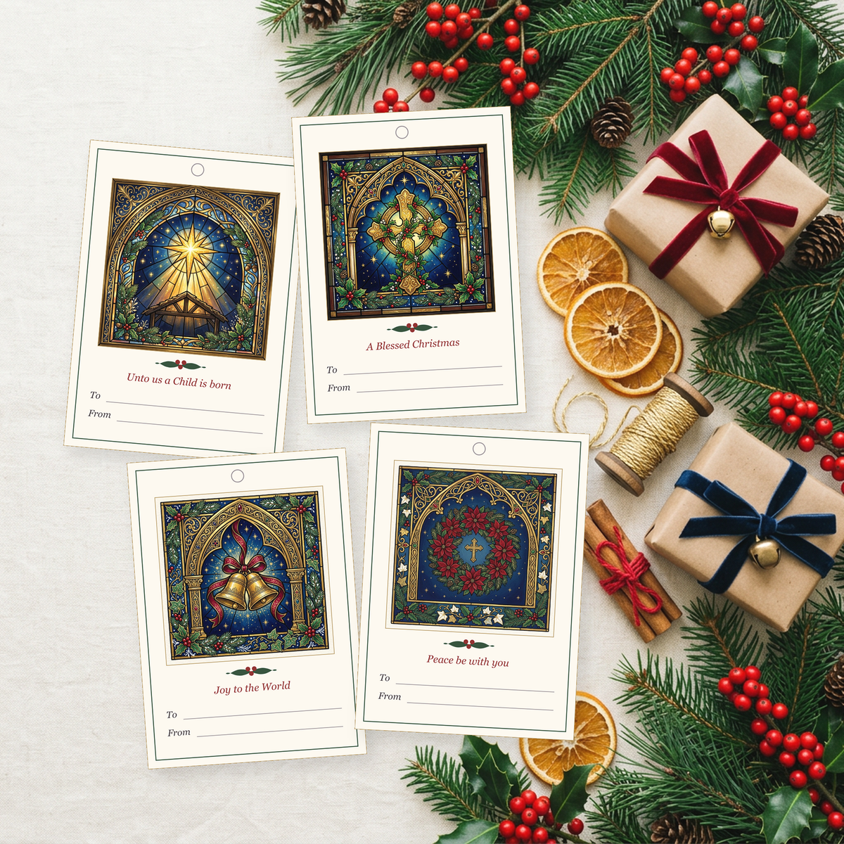 Four printable Christmas gift tags with stained-glass illustrations, among pine, red berries and wrapped parcels