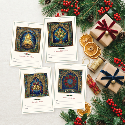 Four printable Christmas gift tags with stained-glass illustrations, among pine, red berries and wrapped parcels