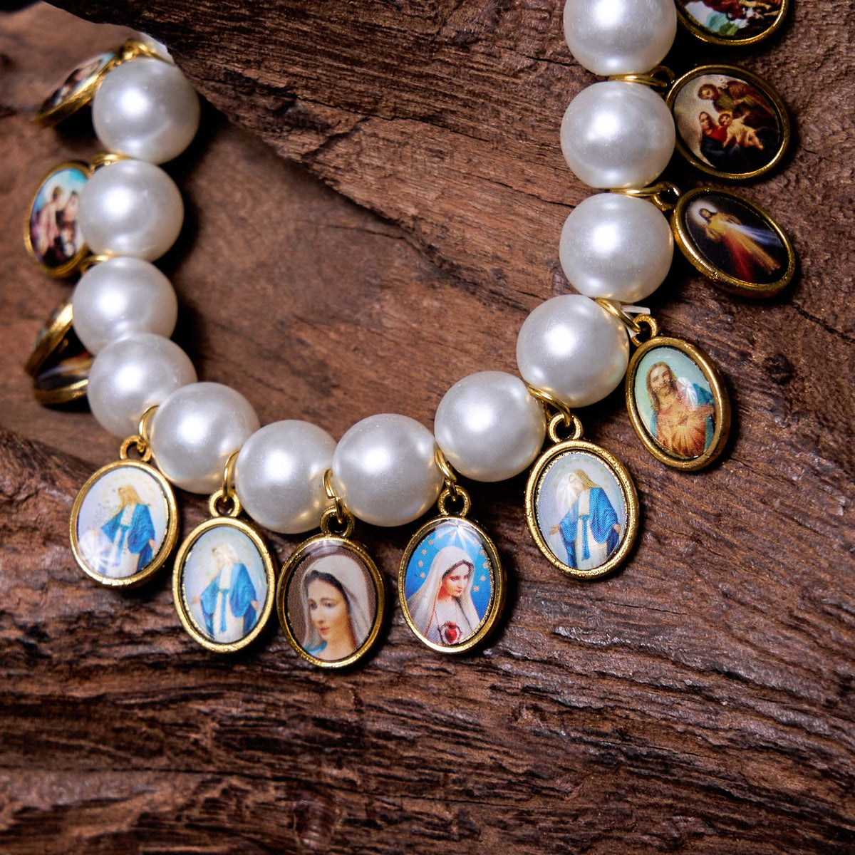 Retro Style Saint Jesus Mary Medals Cross Pearl Bracelet