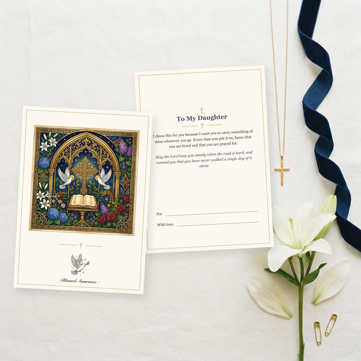 Printable dedication cards, front and back, with a gold cross pendant and a white lily