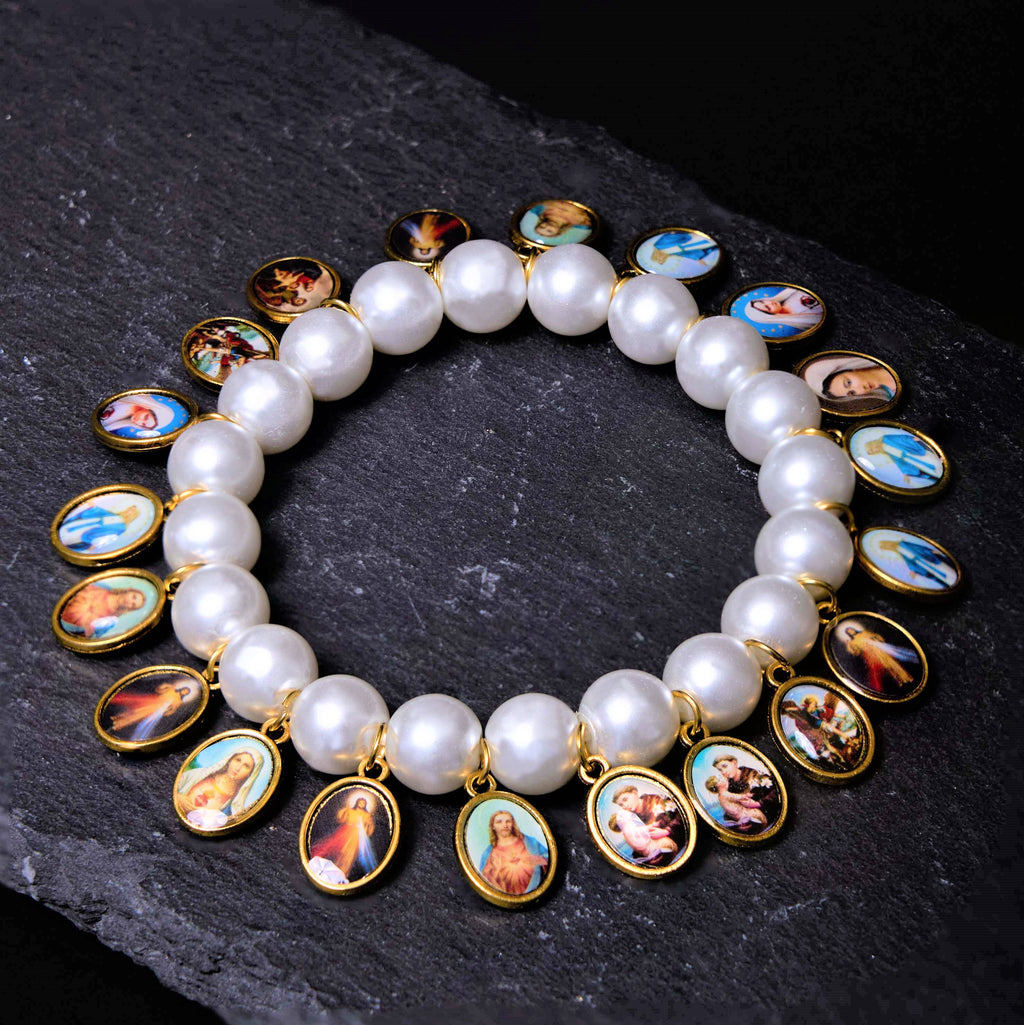 Retro Style Saint Jesus Mary Medals Cross Pearl Bracelet
