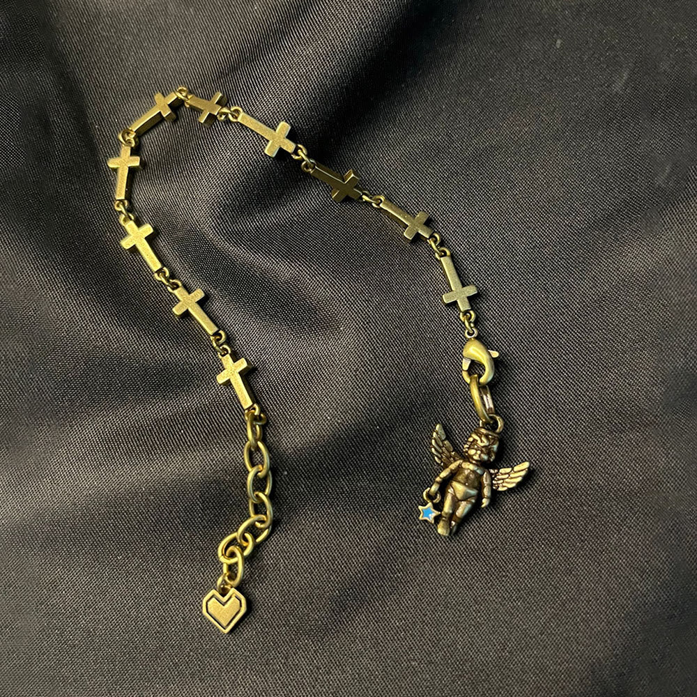 Retro Style Bronze Lucky Star Angel & Heart Cross Bracelet
