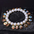 Retro Style Saint Jesus Mary Medals Cross Pearl Bracelet