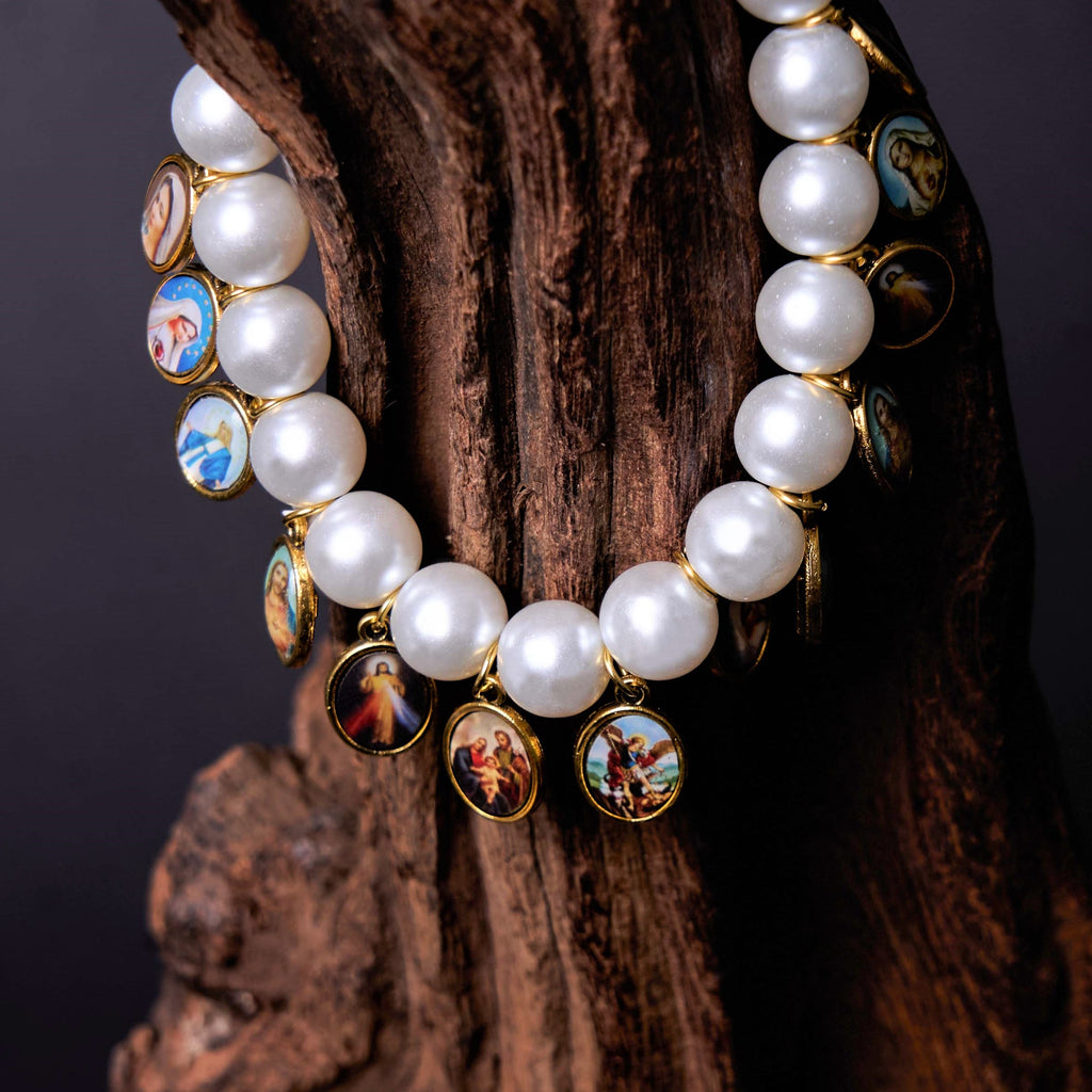 Retro Style Saint Jesus Mary Medals Cross Pearl Bracelet